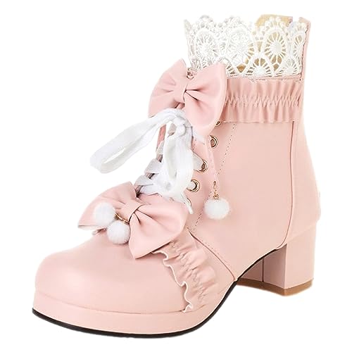 rismart Damen Stiefeletten Plattform Klobiger Absatz Runde Zehe Reißverschluss Niedlich Lolita Bootie Schuhe Rosa, 39 EU von rismart