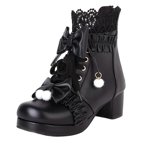 rismart Damen Stiefeletten Plattform Klobiger Absatz Runde Zehe Reißverschluss Niedlich Lolita Bootie Schuhe Schwarz, 38 EU von rismart