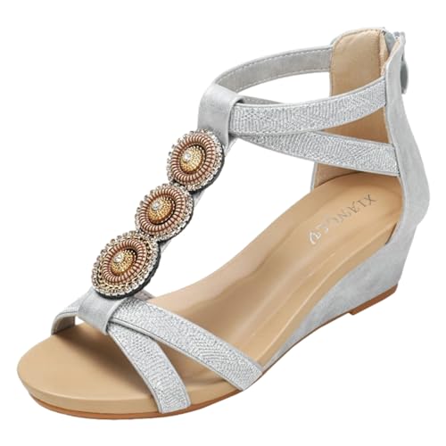 rismart Damen Strass Sandalen Knöchelriemen Keil Römisch Mittlerer Absatz Sommer Schuhe Silber,38.5 von rismart