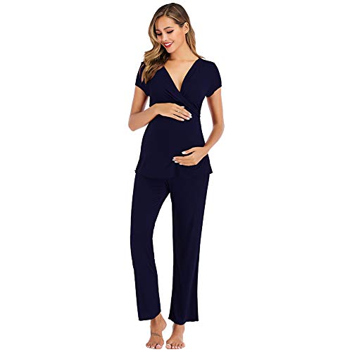 rismart Damen Umstandsmode Stillpyjama Pyjama Set Baumwolle Schlafanzug Kurzarm Oberteil und Lang Hosen Sommer (Blau,L) von rismart