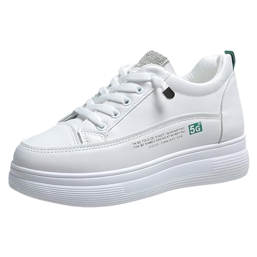 rismart Damen Versteckt Keilabsatz Plattform Sneaker Atmungsaktiv Masche Freizeit Schuhe (Weiß Leder Grün,37 EU) von rismart