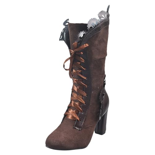 rismart Damen Viktorianisch Mittelhohe Stiefel Schnürung Runde Zehe Weinlese Gotisch Stiefel Braun, 39 EU von rismart