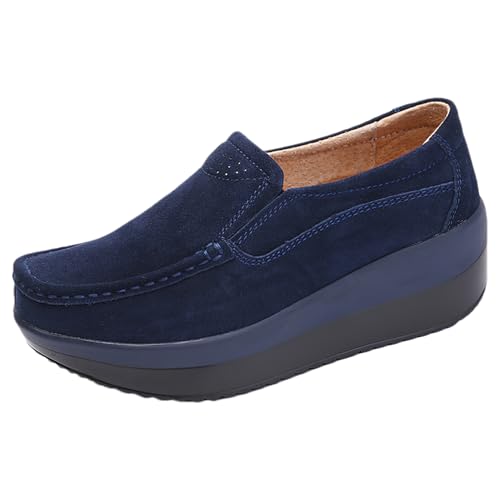 rismart Damen Wildleder Sneaker mit Keilabsatz Plateauschuhe Slip on Loafer Marineblau, 37 EU von rismart