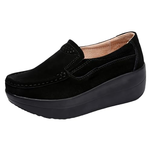 rismart Damen Wildleder Sneaker mit Keilabsatz Plateauschuhe Slip on Loafer Schwarz, 41 EU von rismart