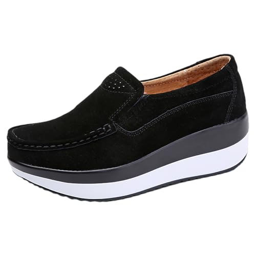 rismart Damen Wildleder Sneaker mit Keilabsatz Plateauschuhe Slip on Loafer Schwarzweiß, 38 EU von rismart
