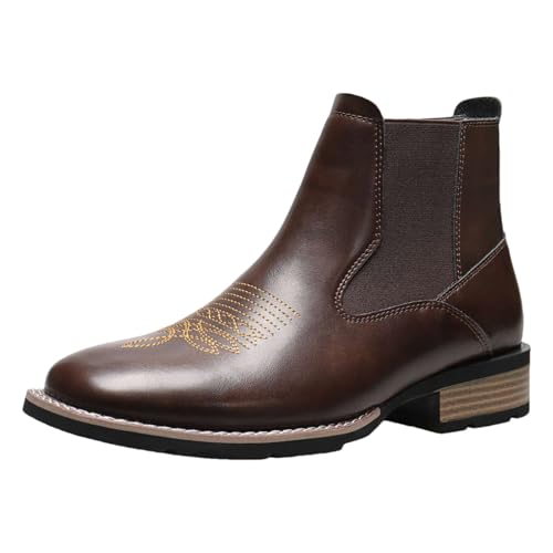 rismart Herren Bestickte Chelsea Stiefel Knöchelhoch Runde Zehenkappe Slip on Lässige Stiefeletten, Braun, 45.5 von rismart