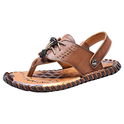 rismart Herren Clip Zehe Leder Sandalen Einstellbar Handarbeit Sommer Strand Schuhe Braun,42 von rismart