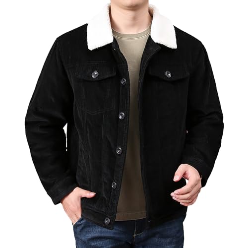 rismart Herren Cordjacke Sherpa Gefüttert Lastwagenfahrer Knopf Nach Unten Reverskragen Winter Warm Cargo Schwarz,XL von rismart