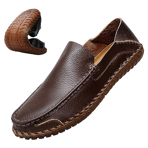 rismart Herren Slipper Mokassin Schuhe für Autofahrer Leder Lässig Schlüpfen Hausschuhe Flats Kaffee,41.5 von rismart