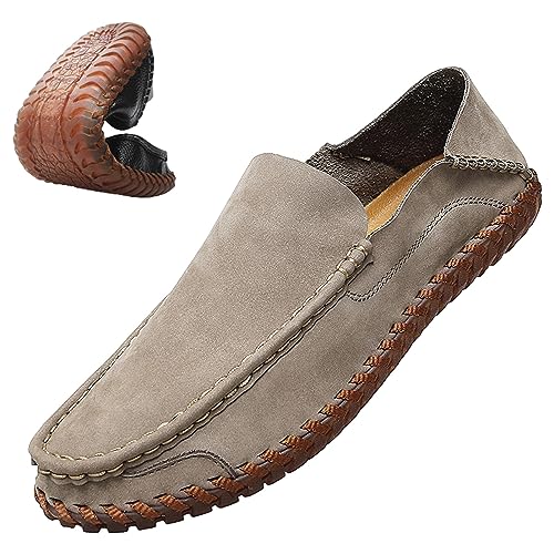 rismart Herren Slipper Mokassin Schuhe für Autofahrer Leder Lässig Schlüpfen Hausschuhe Flats Khaki,45.5 von rismart