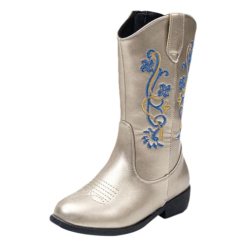 rismart Mädchen Cowgirl Stiefel mit Stickerei Kinder Cowboystiefel Westernhalbstiefel Winterschuhe, Goldblaue Blume, 34.5 von rismart