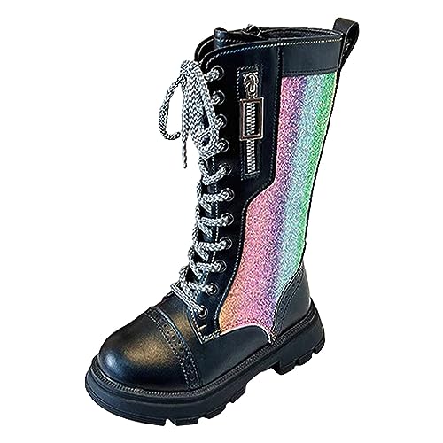 rismart Mädchen Kniehohe Reitstiefel Glitter Mode Seitenreißverschluss Runde Zehe Party Kleid Schuhe Schwarz, 31.5 EU von rismart