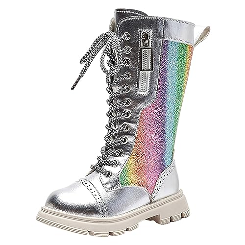 rismart Mädchen Kniehohe Reitstiefel Glitter Mode Seitenreißverschluss Runde Zehe Party Kleid Schuhe Silber, 27 EU von rismart