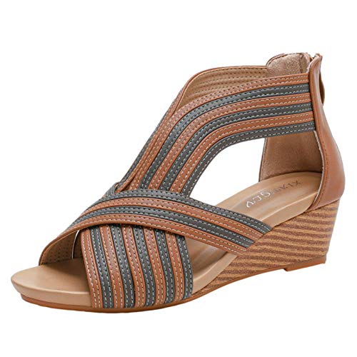 rismart Sandalen Damen Peep Toe Mitte Keilabsatz Riemchen Beiläufig Kleid Sommer Schuhe Braun,39.5 EU von rismart