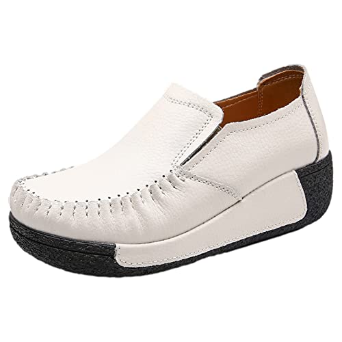 rismart Sneaker Damen Leder Turnschuhe Schlüpfen Keil Casual Schuhe mit Elastikband Weiß,39 von rismart