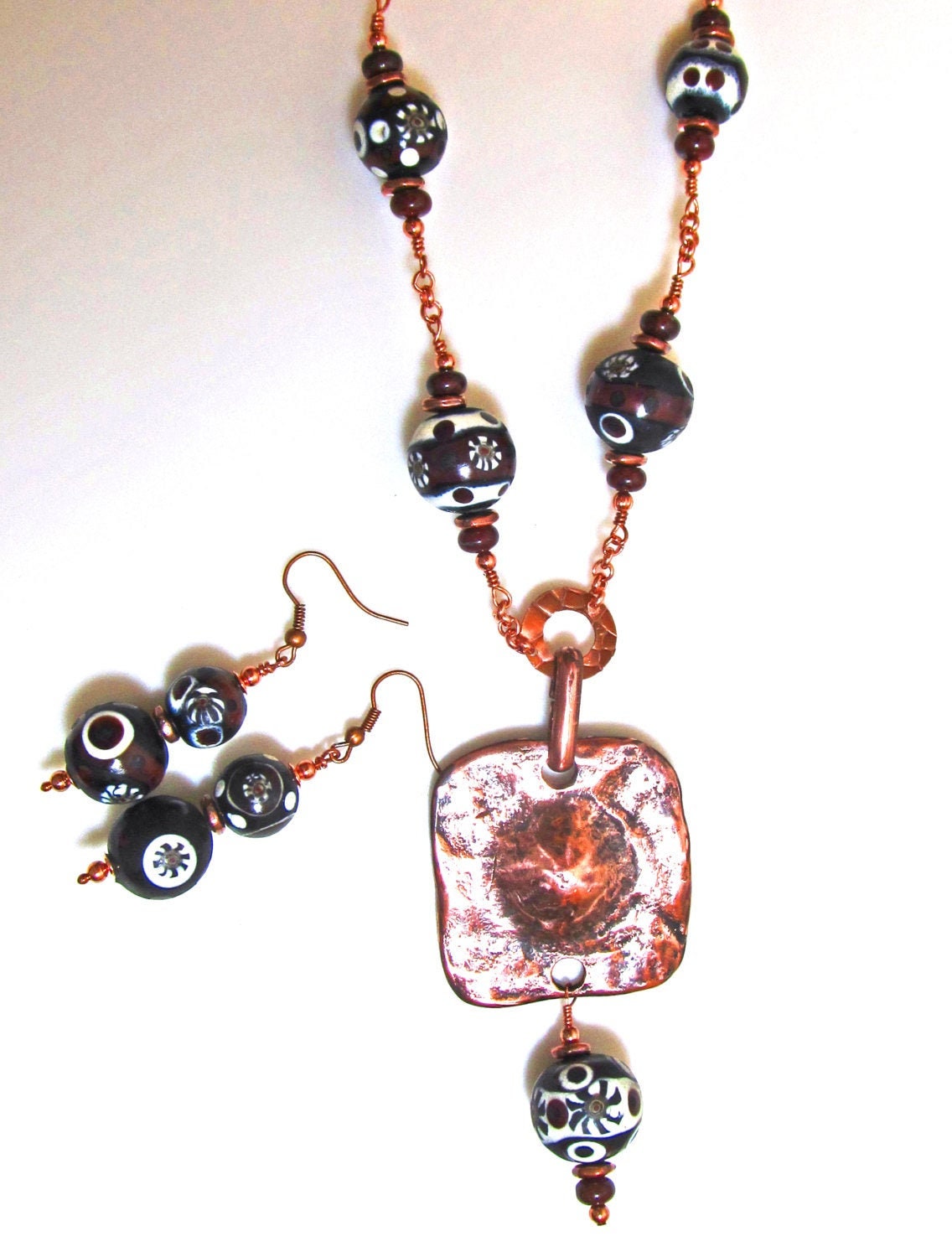 stammes-Halskette Und Ohrring in Kupfer, Bronze Handgemachte Lampwork Perlen stammes-Halskette Und Ohrring in Kupfer, Bronze Handgemachte Lampwork Perlen von ritacummins