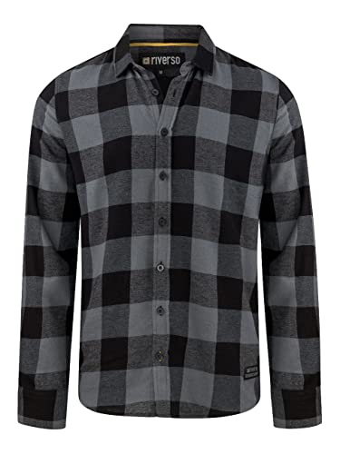 riverso Flanellhemd Herren Langarm Kariert Regular Fit RIVArne Hemd Holzfällerhemd Karohemd 100% Baumwolle Grau, L, 100% Baumwolle, Größe:L, Farbe:Ash Grey (24000) von riverso
