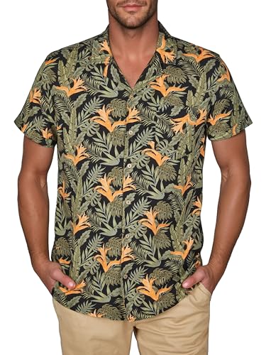 riverso Hawaii Hemd Männer Kurzarm RIVMick Regular Fit Hemd Sommerhemd Hawaiihemd Brusttasche Blumen, Größe:XL, Farbe:Leaves Black-Olive von riverso