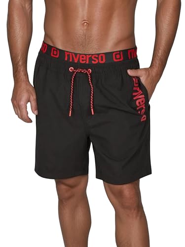 riverso Badehose Herren Regular Fit RIVBobby Badeshorts Sporthose Schwimmhose Shorts Kurze Hosen Print Elastischer Bund Schwarz M, Größe:M, Farbe:Black-Cherry Red von riverso