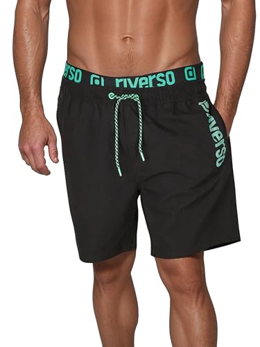 riverso Badehose Herren Regular Fit RIVBobby Badeshorts Sporthose Schwimmhose Shorts Kurze Hosen Print Elastischer Bund Schwarz S, Größe:S, Farbe:Black-Flashy Green von riverso