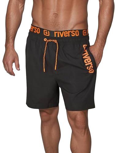 riverso Badehose Herren Regular Fit RIVBobby Badeshorts Sporthose Schwimmhose Shorts Kurze Hosen Print Elastischer Bund Schwarz XXL, Größe:XXL, Farbe:Black-Shiny Orange von riverso