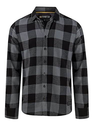 riverso Herren Freizeit Hemd RIVArne Regular Fit Karohemd Flanellhemd Holzfällerhemd Kariert Langarm Grau, M, 100% Baumwolle, Größe:M, Farbe:Ash Grey (24000) von riverso