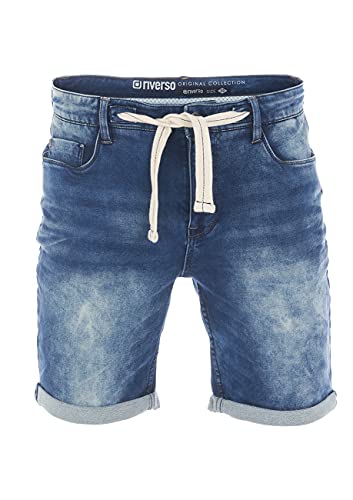 riverso Jeans Shorts Herren Stretch Kurz Kordelzug Regular Fit RIVPaul Kurze Hosen Bermuda Shorts Sommer Denim Einfarbig, Größe:W 31, Farbe:Middle Blue Denim (M190) von riverso