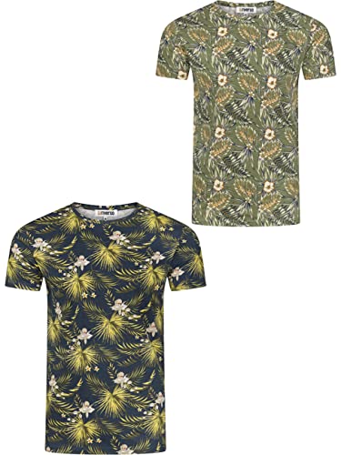 riverso Herren T-Shirt RIVBill 2er Pack Fotodruck Rundhals O-Neck Kurzarm Shirt Regular Sommer Hawaii Blumen Muster All Over Print 100% Baumwolle Blau Grün Navy Schwarz L, Größe:L, Farbe:Farbmix 1 von riverso