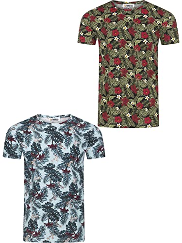 riverso Herren T-Shirt RIVBill 2er Pack Fotodruck Rundhals O-Neck Kurzarm Shirt Regular Sommer Hawaii Blumen Muster All Over Print 100% Baumwolle Blau Grün Navy Schwarz L, Größe:L, Farbe:Farbmix 2 von riverso