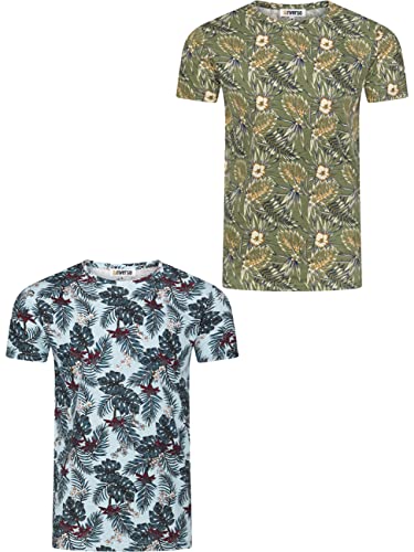 riverso Herren T-Shirt RIVBill 2er Pack Fotodruck Rundhals O-Neck Kurzarm Shirt Regular Sommer Hawaii Blumen Muster All Over Print 100% Baumwolle Blau Grün Navy Schwarz L, Größe:L, Farbe:Farbmix 3 von riverso