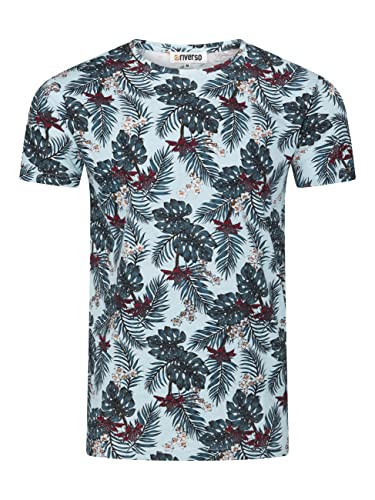 riverso Herren T-Shirt RIVBill Fotodruck Rundhals O-Neck Kurzarm Shirt Regular Sommer Hawaii Blumen Muster All Over Print 100% Baumwolle Blau L, Größe:L, Farbe:Skyride Blue von riverso