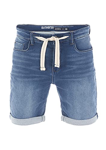 riverso Jeans Shorts Herren Stretch Kurz Kordelzug Regular Fit RIVPaul Kurze Hosen Bermuda Shorts Sommer Denim Einfarbig, Größe:W 44, Farbe:Middle Blue Denim (M48) von riverso