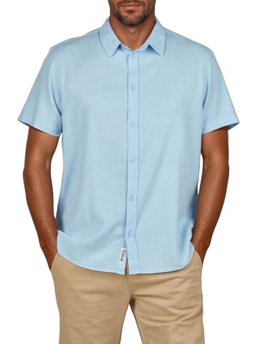 riverso Leinenhemd Herren Kurzarm Regular Fit RIVEmilio Freizeithemd Sommerhemd Leinen Hemd Einfarbig, Größe:M, Farbe:Bright Sky Blue von riverso