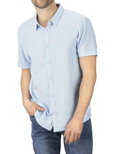 riverso Leinenhemd Herren RIVCarlo Regular Fit Kurzarm Freizeithemd Sommerhemd Leinen Hemd Oberteile Basic Knopfleiste Einfarbig, Größe:XXL, Farbe:Bright Sky Blue von riverso