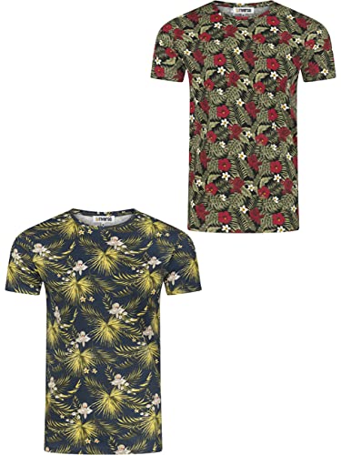 riverso Tshirt Herren 100% Baumwolle Regular Fit RIVBill 2er Pack Set Rundhals Kurzarm Shirt Sommer Hawaii Muster All Over Print, Größe:3XL, Farbe:Farbmix 4 von riverso