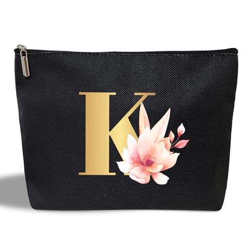 Kosmetiktasche für Damen, personalisierbar, Schwarz, Schwarze Make-up-Tasche - K von rizotus