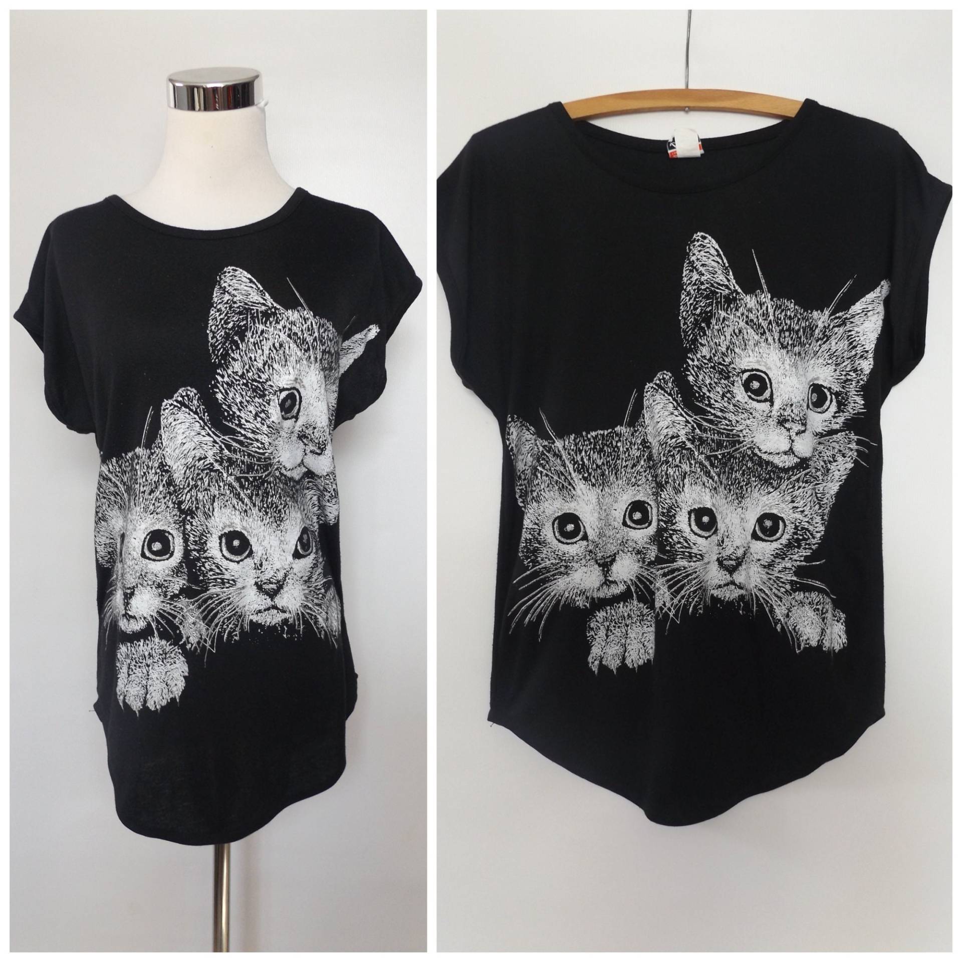 Vintage 80Er Jahre Katze Print Bluse - Größe M Medium Schwarz Silber Kätzchen T-Shirt Hipster Baumwoll Jersey 1980Er Frauen Shirt Neuheit von roadkillvintage