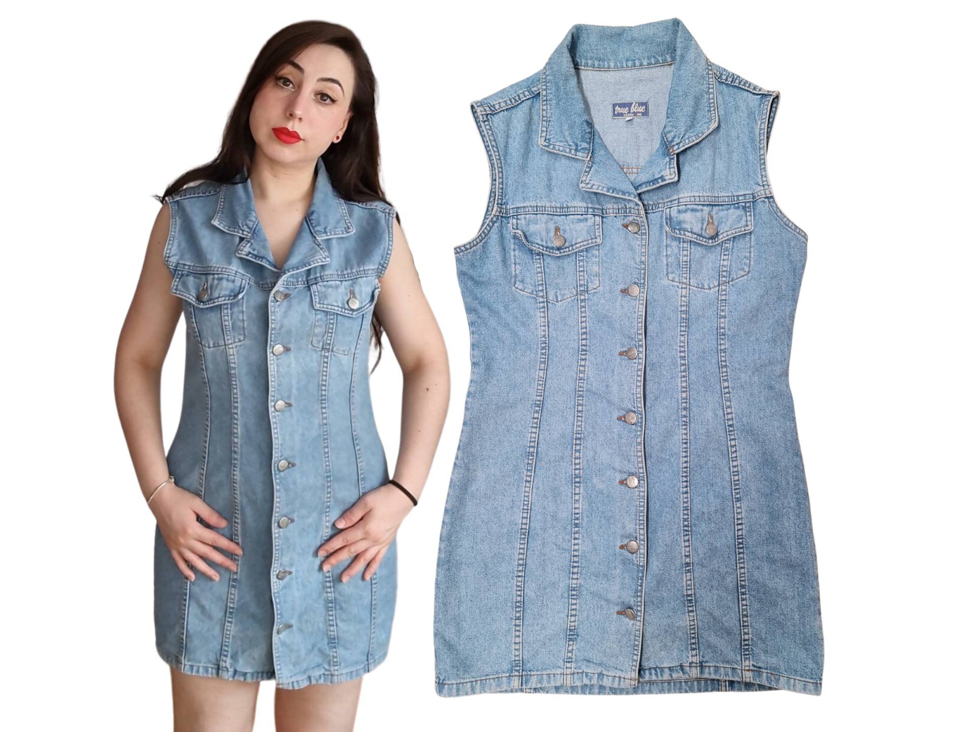 Vintage Denim Kleid Für Frauen True Blue 80Er 90Er Midi Ärmellos Button Down Minikleid Zwei Taschen Frühling Sommer Tailliert Jeanskleid Größe L von roadtojoyvintage