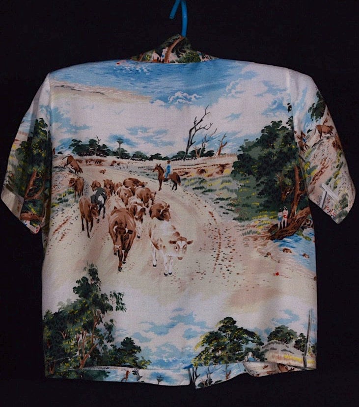 Frühe Seidige Vintage Hawaiin Shirt, ...."Bild" Von Rindern, Die Im Outback Droen, .. Extrem Selten von roamanyroadvintage