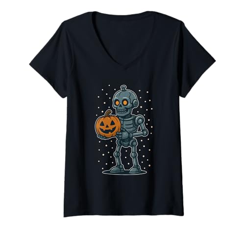 Damen Roboter-Skelett mit Kürbis T-Shirt mit V-Ausschnitt Damen Roboter-Skelett mit Kürbis T-Shirt mit V-Ausschnitt von robot skeleton pumpkin sci fi spooky halloween