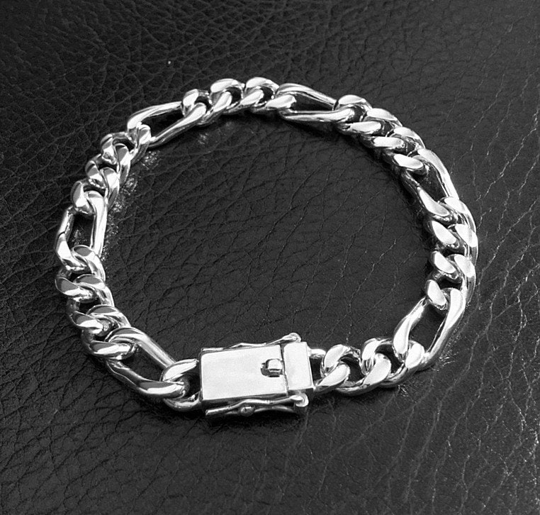 Silber Herren Armband Panzer Massiv 925 Sterling Figaro Kette Schwere Breite Glieder Box Verschluss von rockfantasiashop