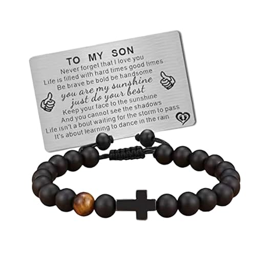 rockible Herren-Perlenarmband mit gravierter Tag-Karte, Steinperlen-Armband, schwarzes Perlenarmband für Ehemann, zu MEINEM SOHN Karte von rockible