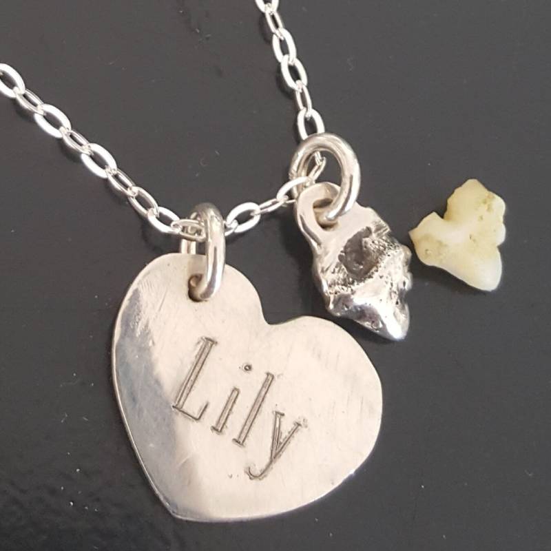 Hundezahn Halskette Graviert Herz Hund Zähne Anhänger Benutzerdefinierte Sterling Silber Personalisierter Schmuck von rockmyworldinc