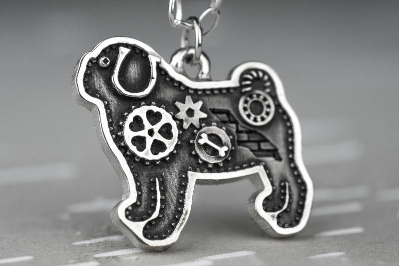 Silber Mops Steampunk Industrie Sterling Anhänger Mit Zahnrädern von rockmyworldinc