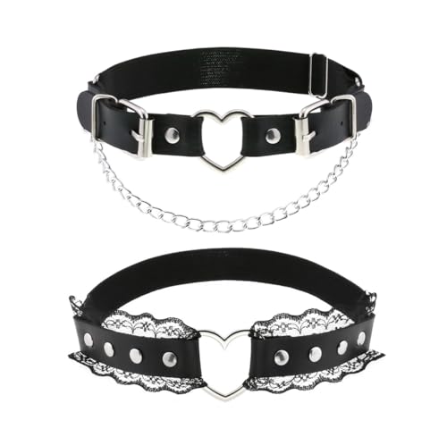 rockreyoa 2 Stück Schwarz Leder Bein Strumpfbänder aus Spitze Herz Verstellbare Oberschenkel Strumpfband Ring Strumpfhalter Leg Harness Gothic Punk Accessoires Beinstrumpfband für Frauen Mädchen von Rockreyoa