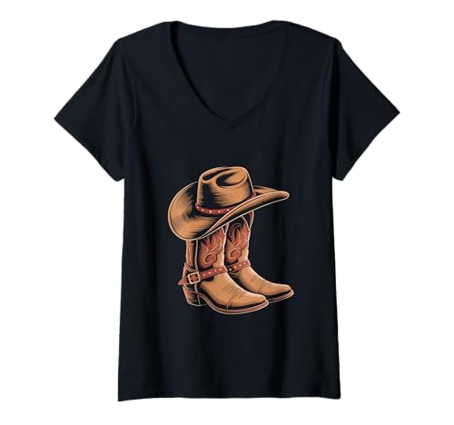 Damen cowboy Stiefel western country cowgirl vintage braunes T-Shirt mit V-Ausschnitt Damen cowboy Stiefel western country cowgirl vintage braunes T-Shirt mit V-Ausschnitt von rodeo designs for echte cowboys and cowgirls