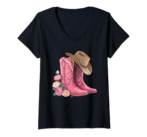Damen pink cowgirl Stiefel western country cowboy blumen pinkes T-Shirt mit V-Ausschnitt Damen pink cowgirl Stiefel western country cowboy blumen pinkes T-Shirt mit V-Ausschnitt von rodeo designs for echte cowboys and cowgirls