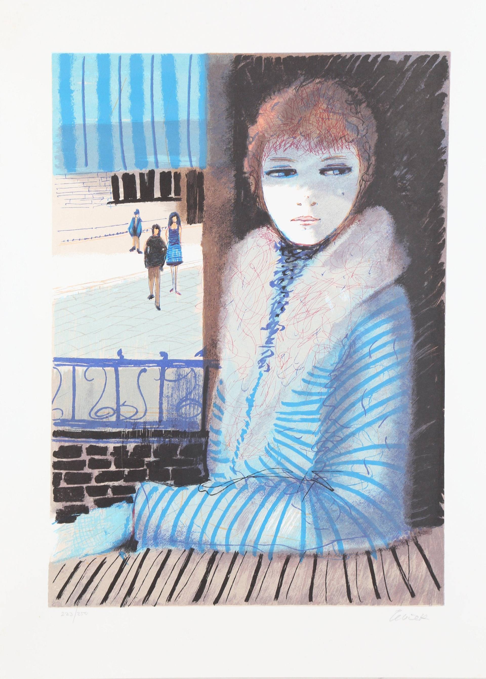 Charles Levier, Girl in Blue, Lithographie, Signiert Mit Bleistift U.l.r von rogallery