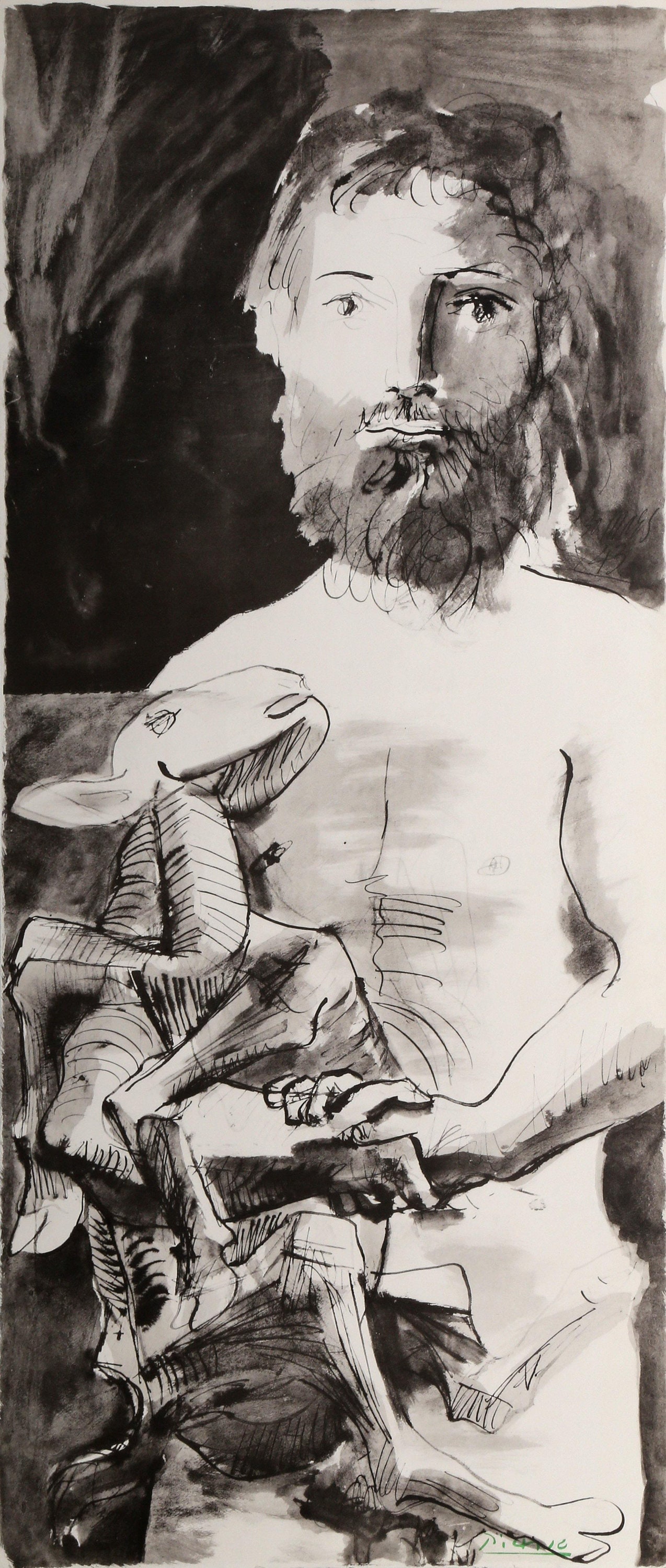 Pablo Picasso, Etude Pour L'homme Au Mouton Aus La Flute Double Portfolio, Lithographie Auf Webpapier, Gestempelt Und Signiert in Grün von rogallery