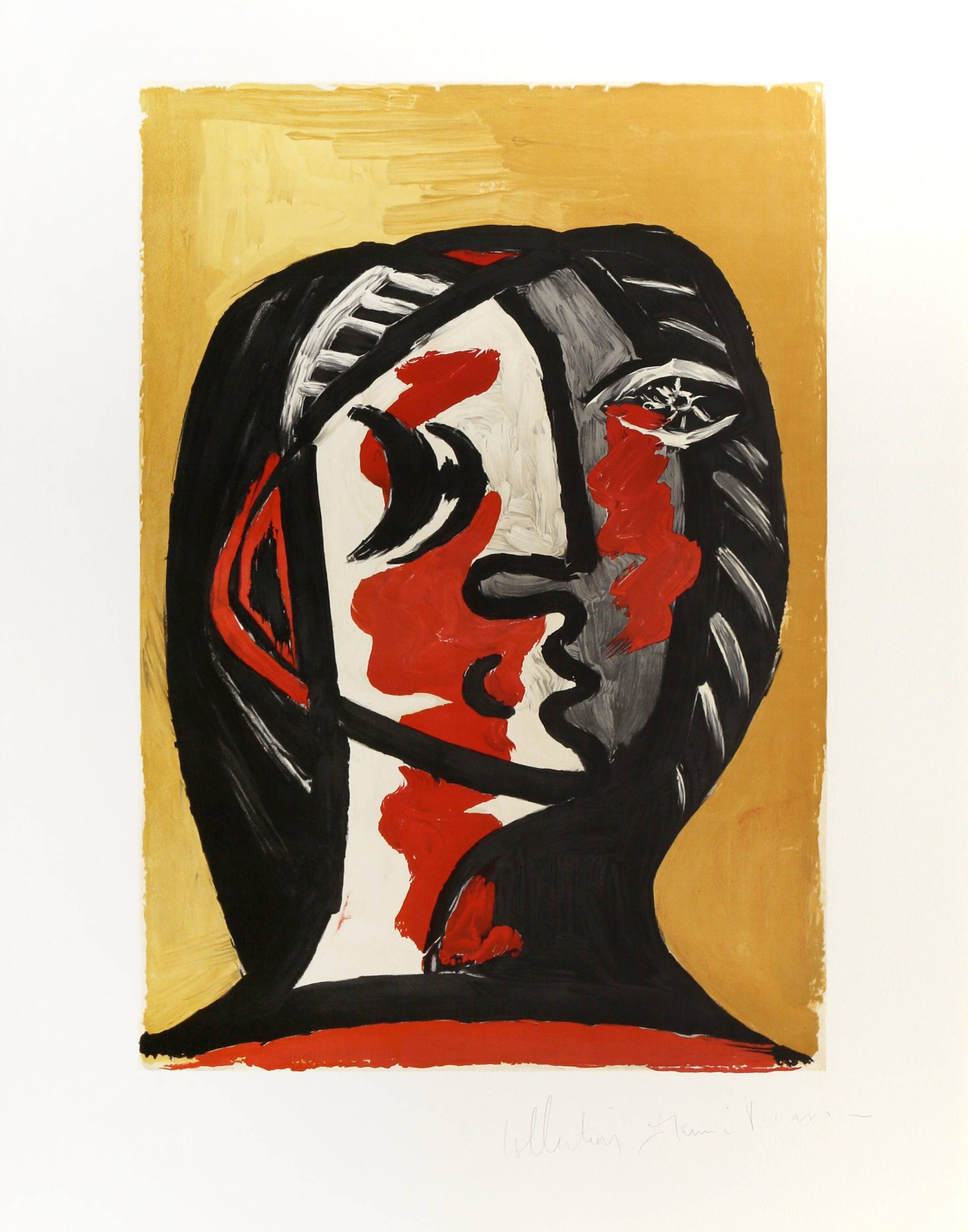 Pablo Picasso, Tete De Femme En Gris Et Rouge Sur Fond Ochre, Lithographie Auf Arches Papier von rogallery